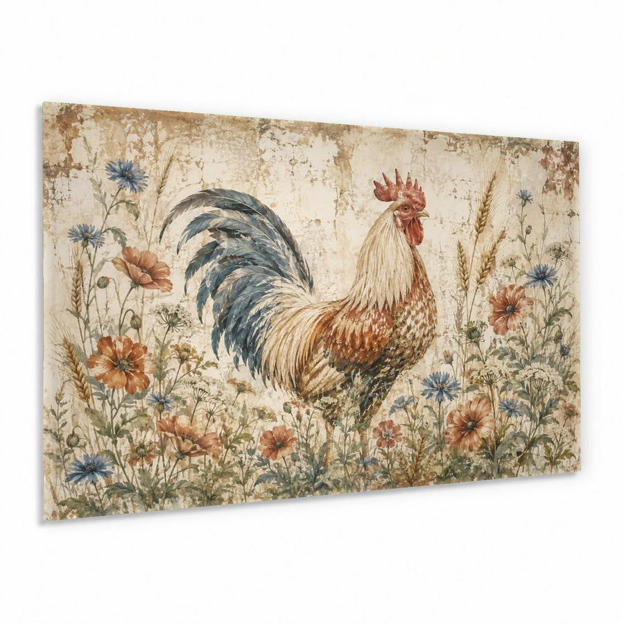A vibrant rooster glass wall art piece hanging above a rustic wooden table in a farmhouse kitchen.