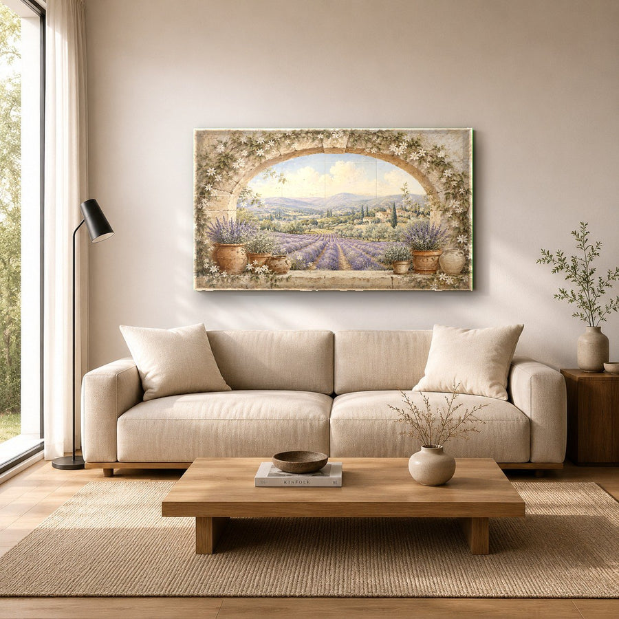 Scenic Italian villa art on tempered glass displayed in an executive home office