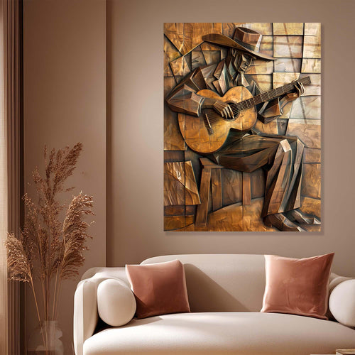 Abstract artwork of a figure playing guitar with geometric patterns in brown tones.