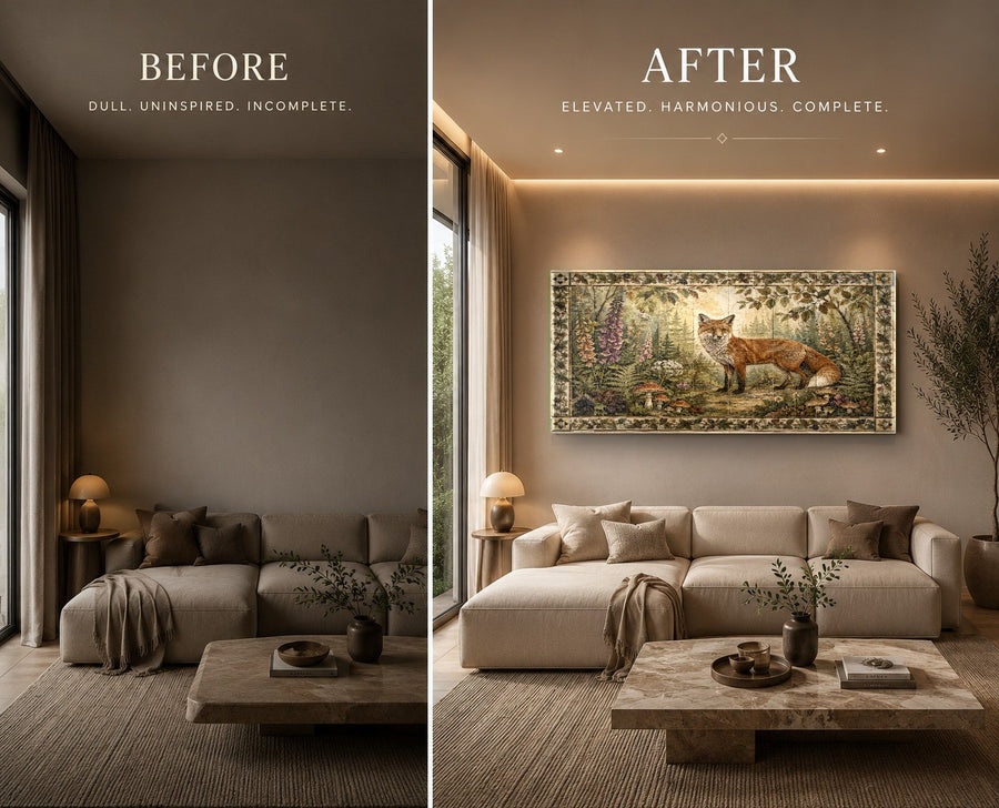 Modern cabin bedroom wall decorated with a large Fox Forest glass art piece above a wooden bed frame.