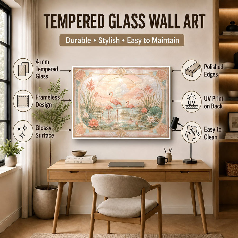 Large pink flamingo tempered glass print styling a contemporary dining room wall