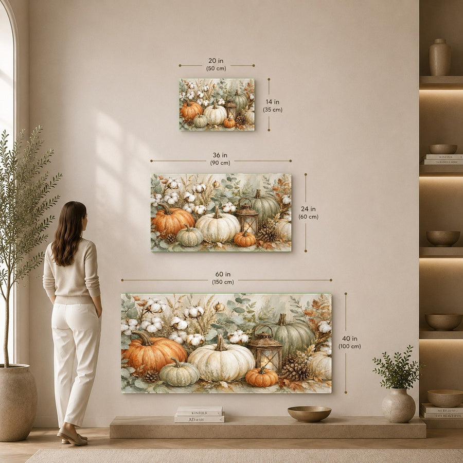 Festive pumpkin glass wall decor hanging in a stylish office reception area during the fall season.