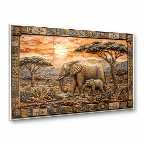 Elephant family glass wall art hanging above a modern neutral sofa in a bright living room