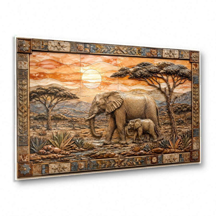 Elephant family glass wall art hanging above a modern neutral sofa in a bright living room
