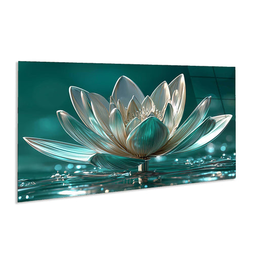 Glass sculpture of a lotus flower on a reflective water surface with a teal background