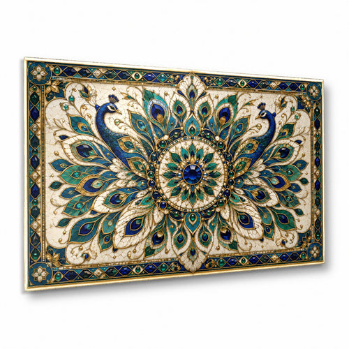 Mandala glass wall art hanging above a sofa in a modern living room