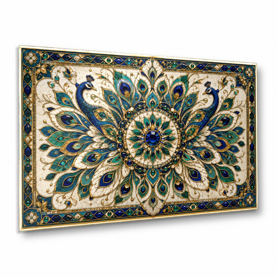Mandala glass wall art hanging above a sofa in a modern living room