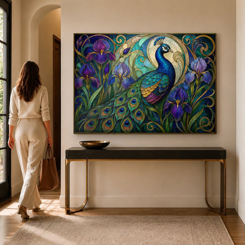 Iris Peacock Glass Wall Art hanging above a modern velvet sofa in a luxury living room