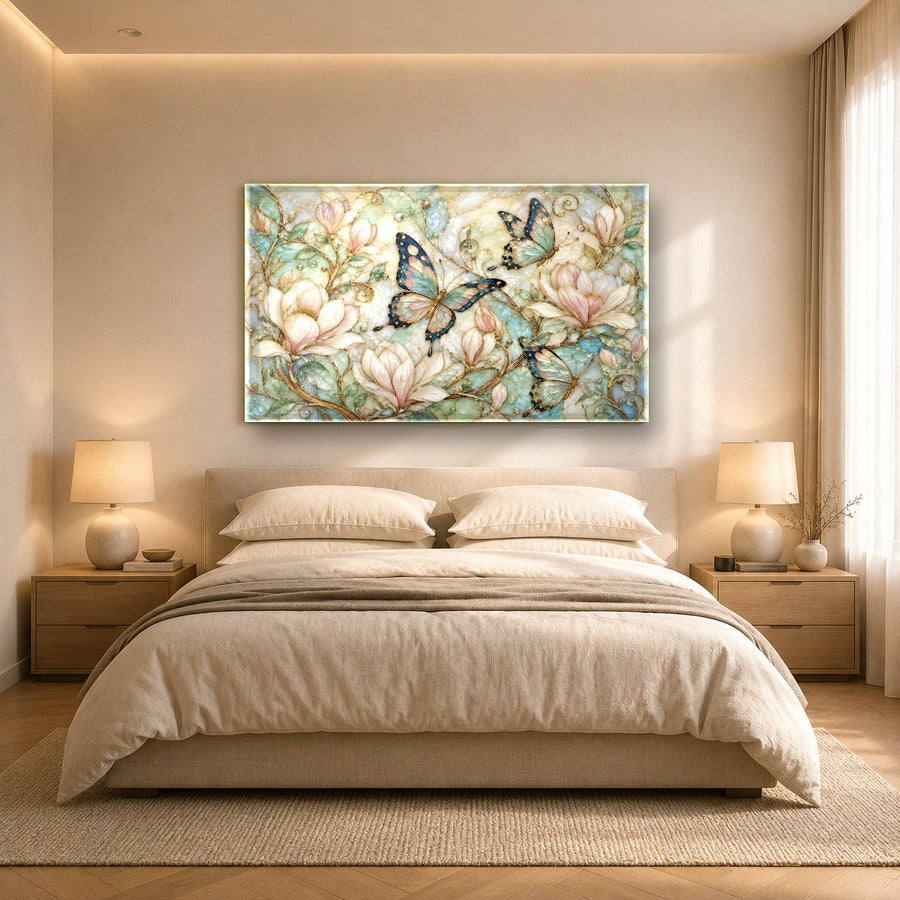 Butterfly glass art piece mounted above a pristine white bathtub in a serene, spa-like bathroom.