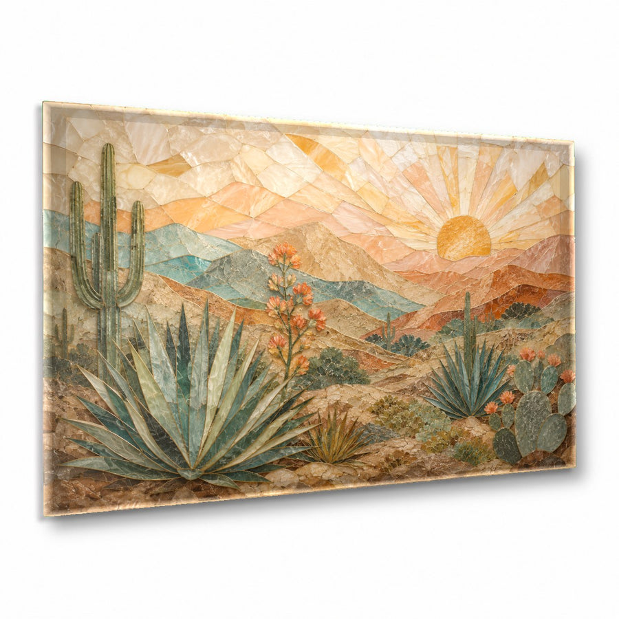 Western Sunrise Glass Wall Art hanging above a modern neutral sofa in a spacious minimalist living room