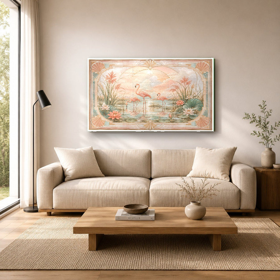 Bird and botanical glass wall art showcased in a bright minimalist hallway