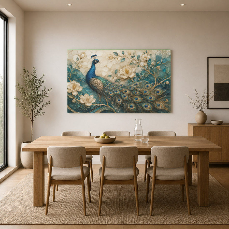 Peacock Elegance art piece mounted on a neutral-toned wall in a contemporary dining room setting.