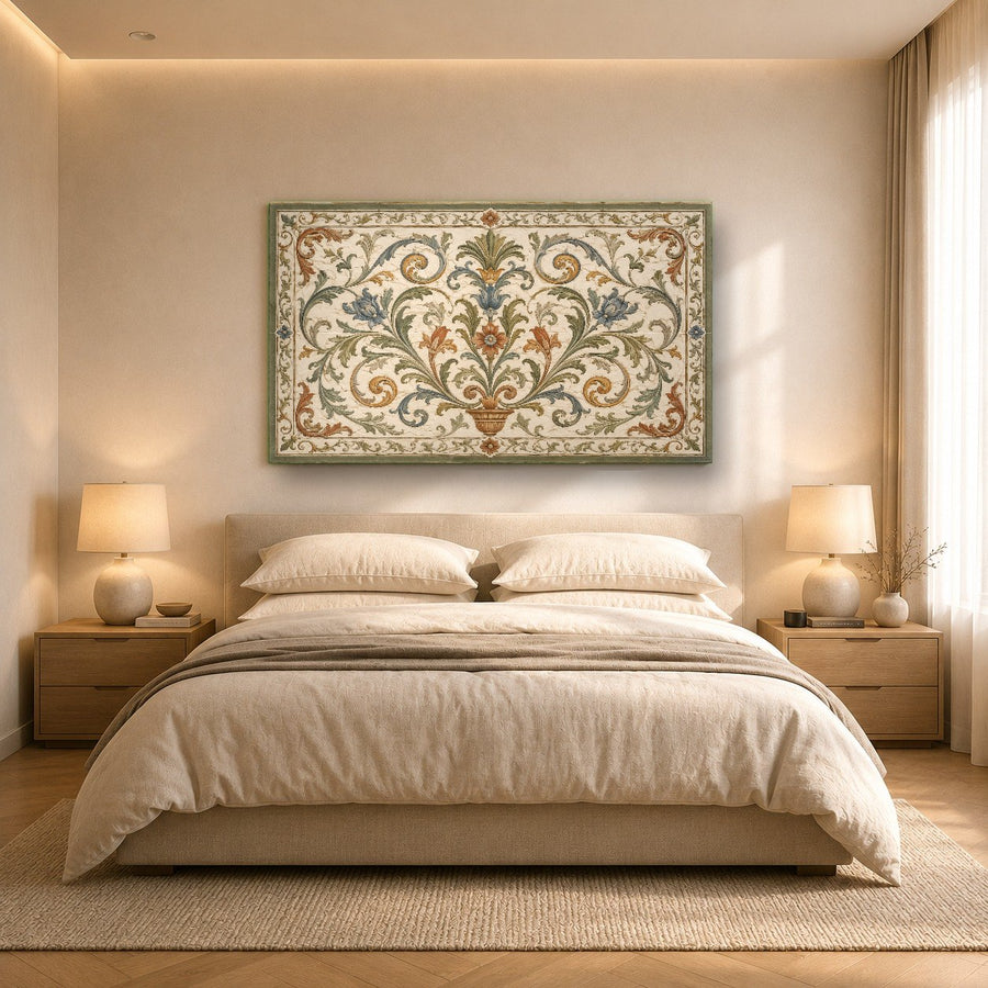 Frameless Iznik tile glass art mounted in a modern home entryway, reflecting warm overhead lighting.