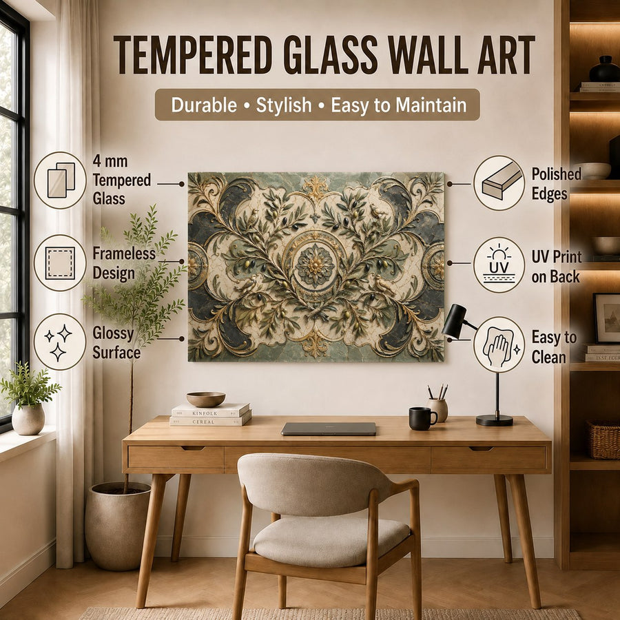 Olive Majesty tempered glass wall art hanging in a spa bathroom, creating a relaxing, earthy ambiance.