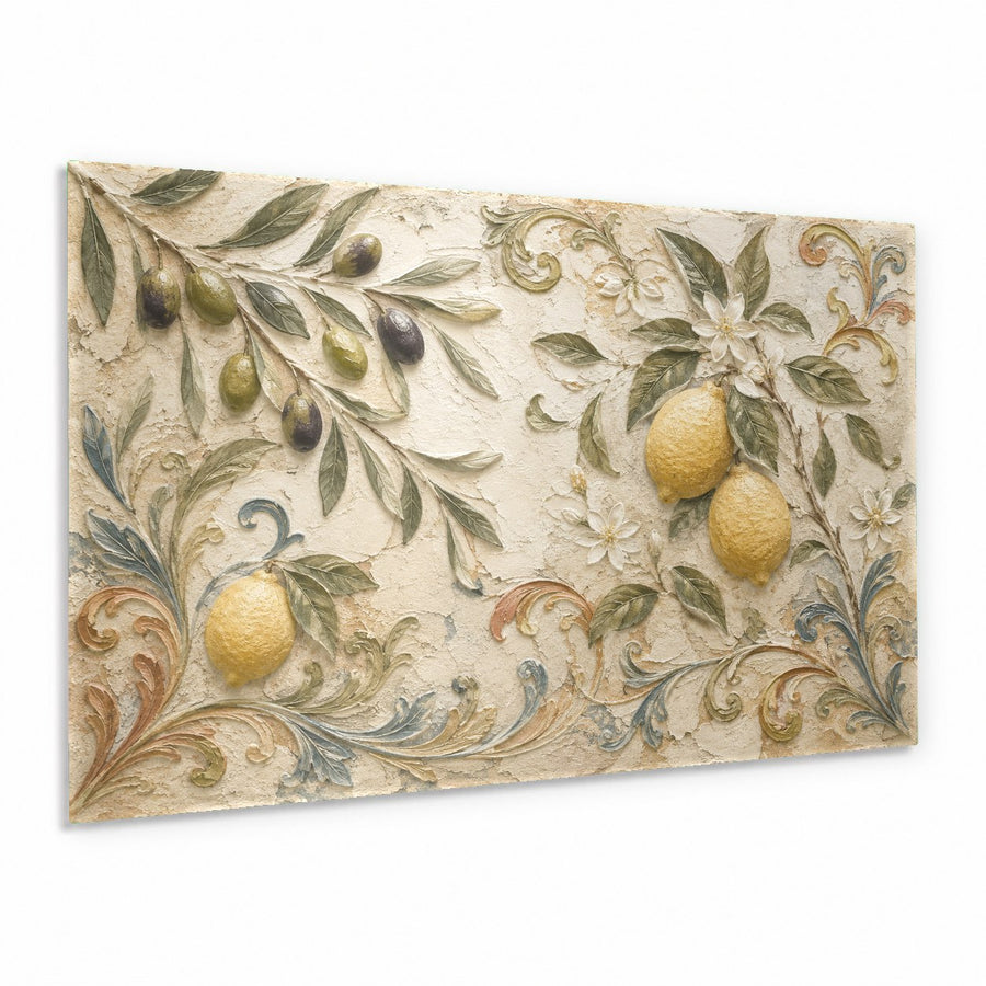 Lemon and olive glass wall art hanging above a modern kitchen counter with Mediterranean accents.
