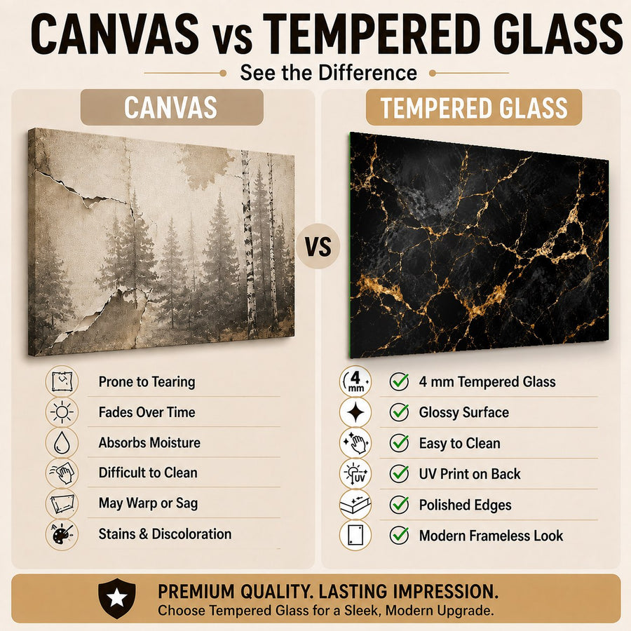 Elegant glass wall art with dark marble and gold veins in a high-end executive office.