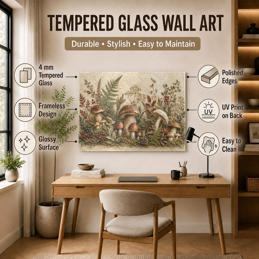 Magical mushroom garden glass hanging in a bohemian hallway decor setting