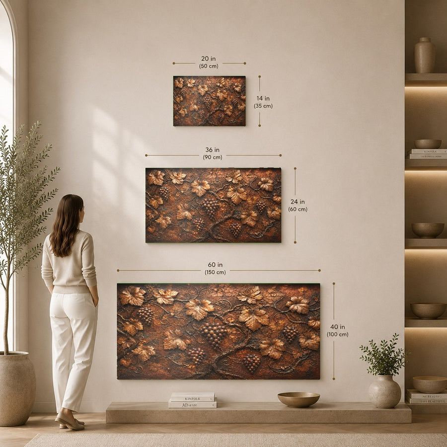 A peaceful vineyard scene on glass displayed in a luxury spa waiting area with warm ambient lighting.