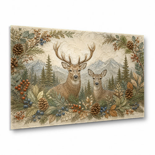 A rustic living room featuring the Deer Family glass wall art mounted above a brown leather sofa.