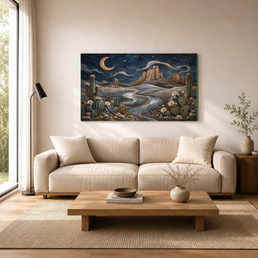 A minimalist home office featuring the Desert Moon glass print hung above a sleek wooden desk with a desk lamp.