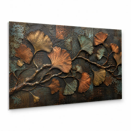 Ginkgo Metal Glass Wall Art hanging above a contemporary gray sofa in a bright living room
