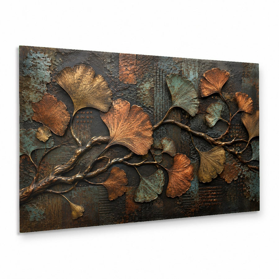 Ginkgo Metal Glass Wall Art hanging above a contemporary gray sofa in a bright living room