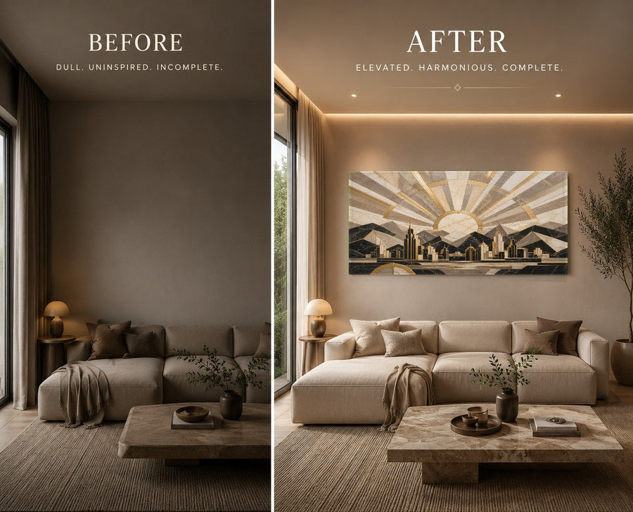 Geometric sunset glass artwork mounted on a dark green accent wall in a luxury home office.