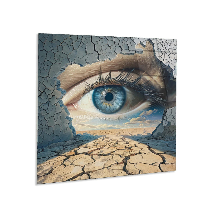 Artistic depiction of a cracked earth landscape with a blue eye peering through.