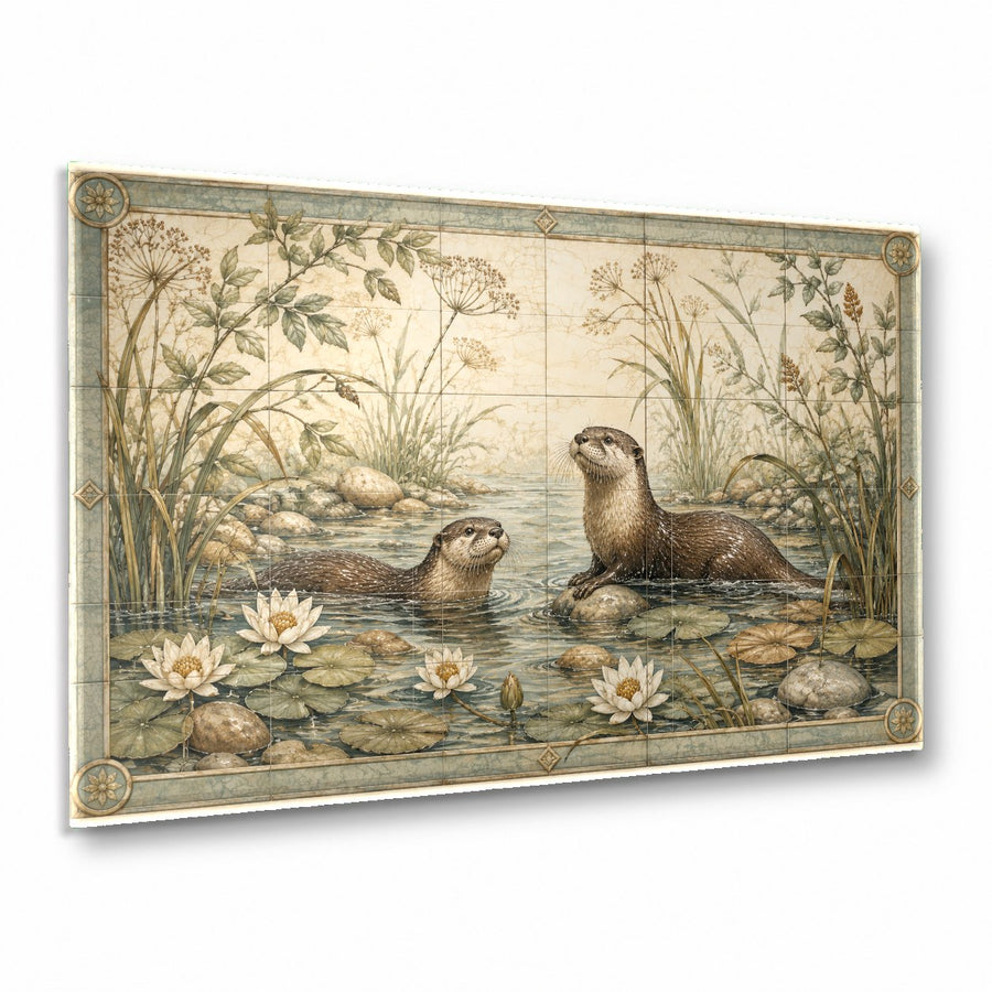 Wild Life glass wall art mounted above a modern grey sofa in a spacious luxury living room