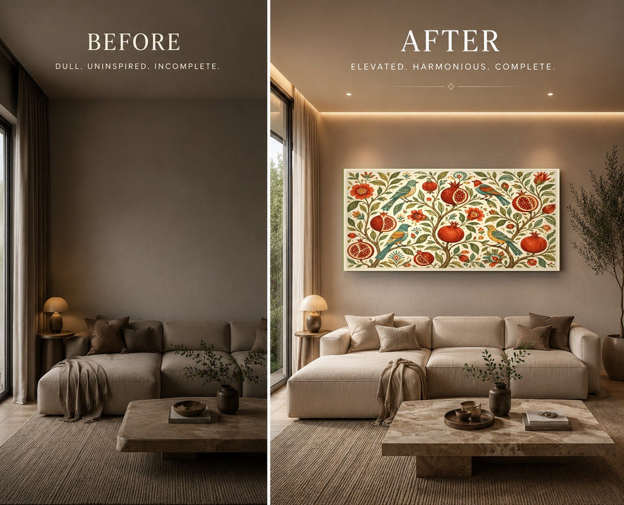 Tempered glass fruit art mounted on a warm wooden wall in a rustic farmhouse kitchen