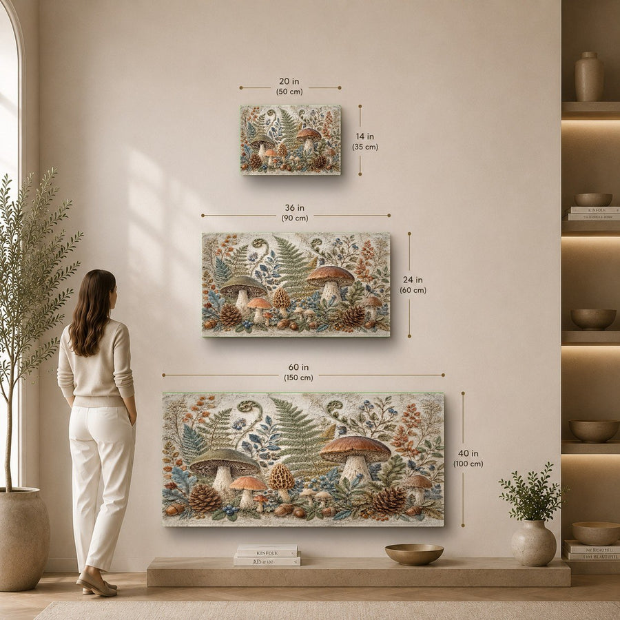 An elegant hotel lobby styled with a vibrant botanical mushroom garden glass print under soft, warm lighting.