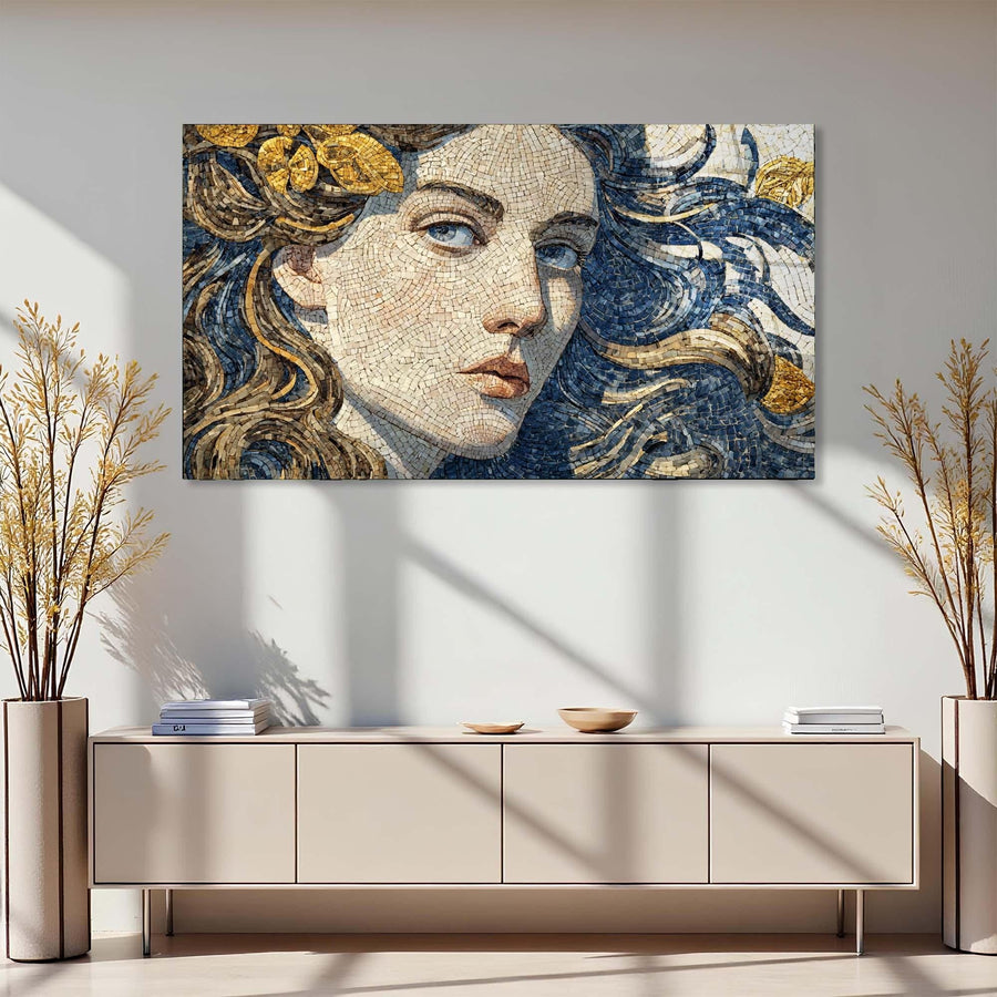 Mosaic art of a classical woman's face on a wall above a light-colored cabinet with decorative plants.