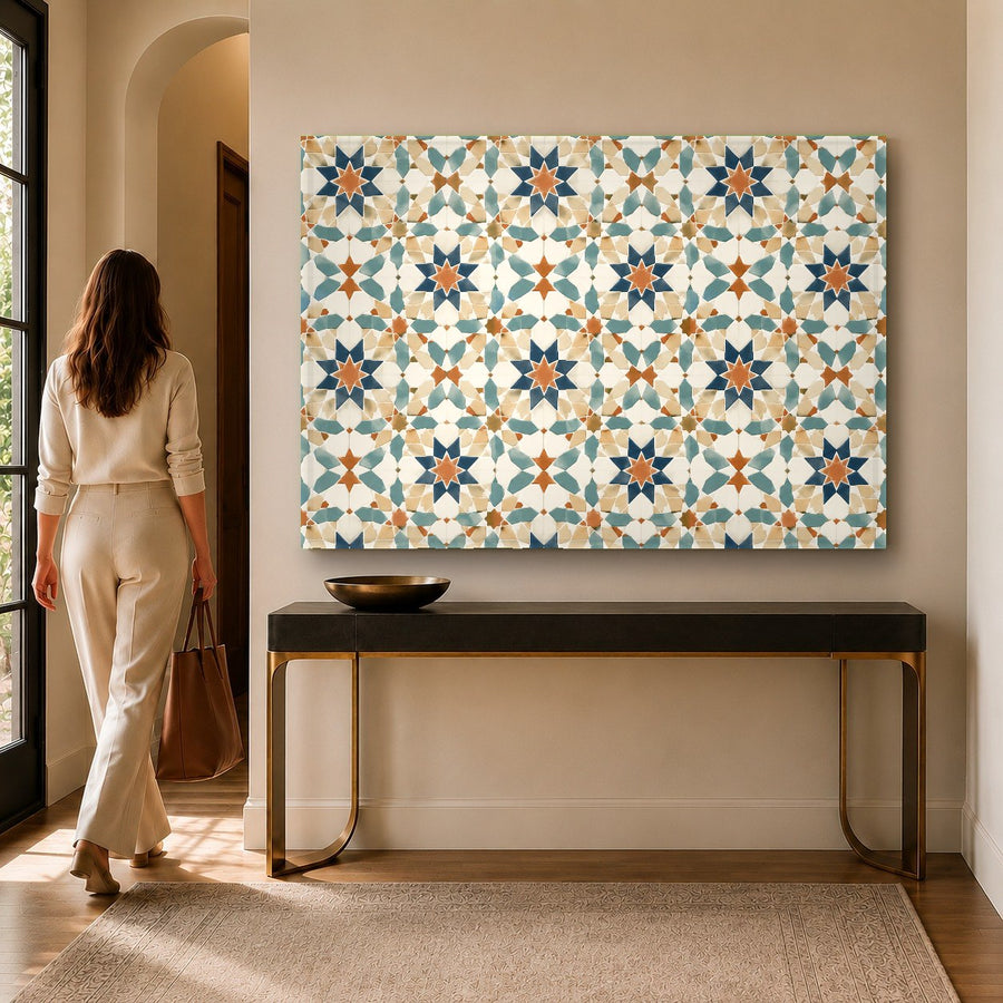 Vibrant geometric mosaic tempered glass art displayed in a luxury executive home office