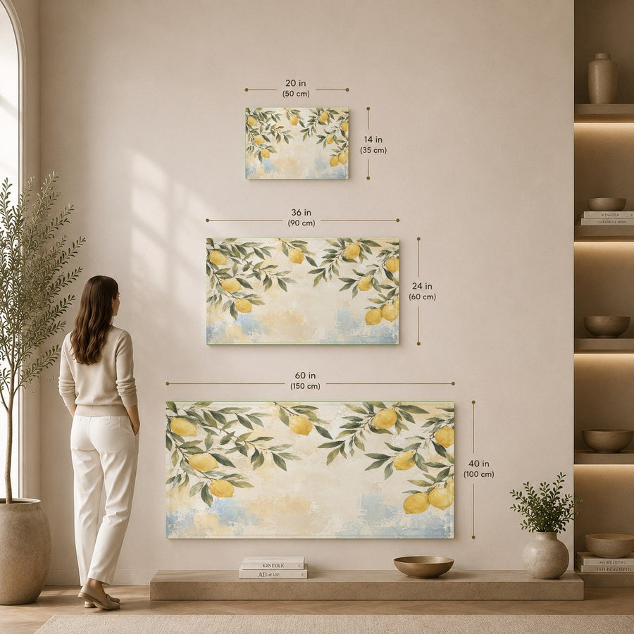 Lemon Tree Glass Wall Art mounted on a warm neutral wall in a sunny home office