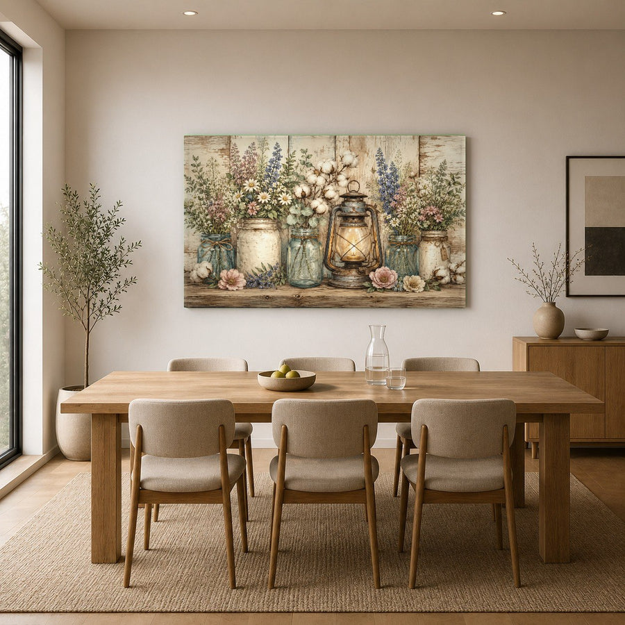 High-gloss cabin style glass wall art creating a relaxing focal point in a master bedroom suite.
