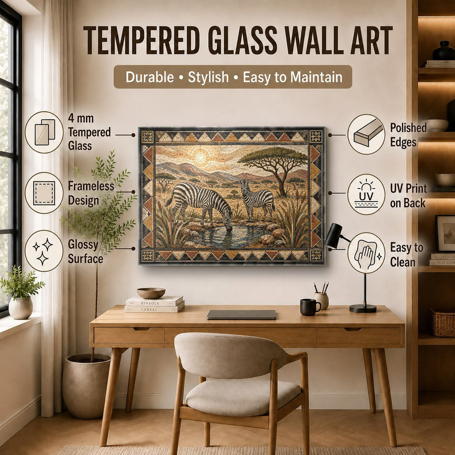 Framed zebra glass wall hanging displayed beside a green indoor plant in a sunlit hallway