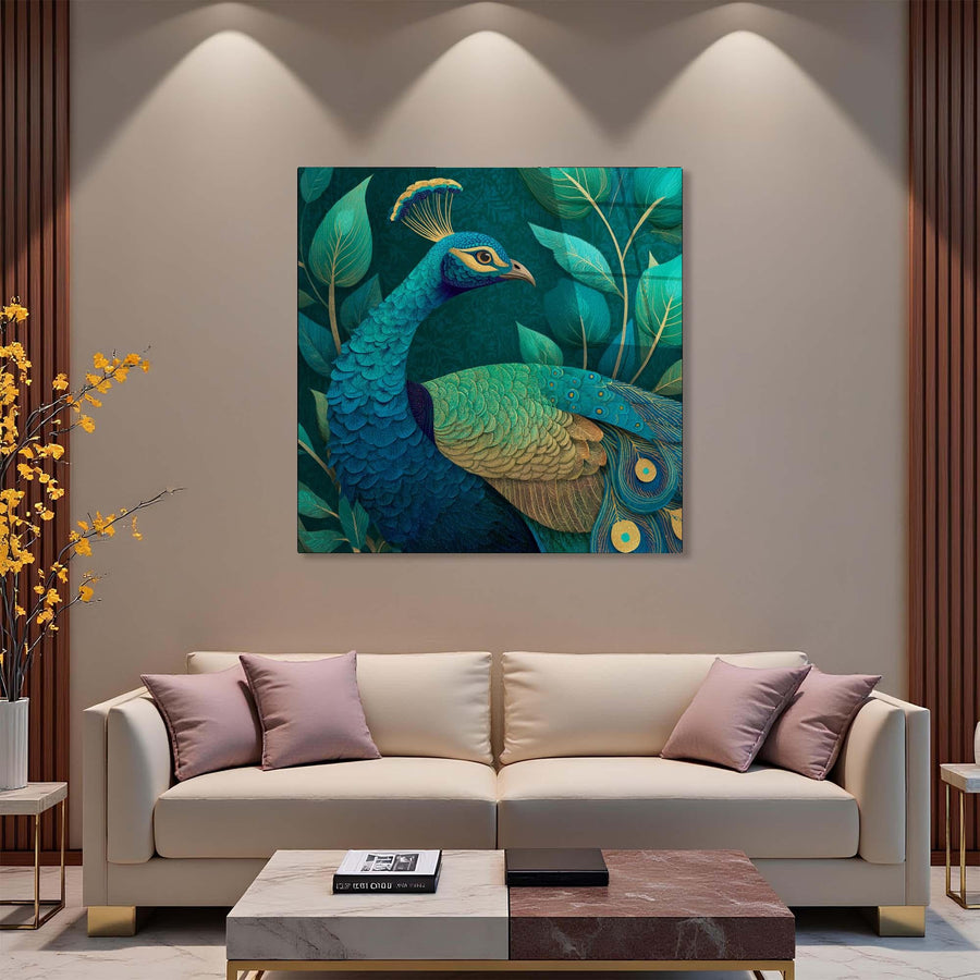 Living room with a peacock painting on the wall above a beige sofa.