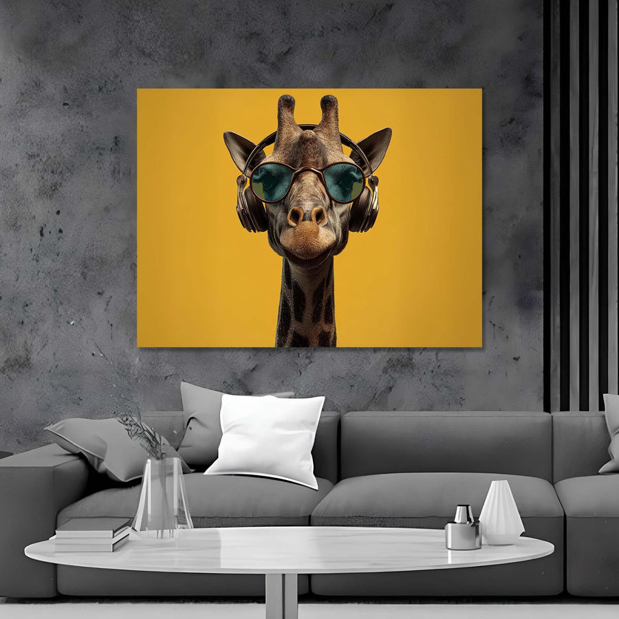 Giraffe wearing sunglasses and headphones on a yellow background, displayed above a gray sofa.
