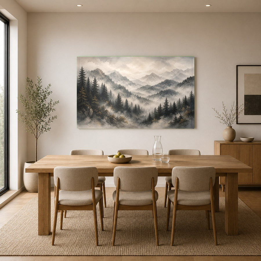 Sophisticated misty trees glass print on a textured concrete wall in a luxury hotel lobby lounge.