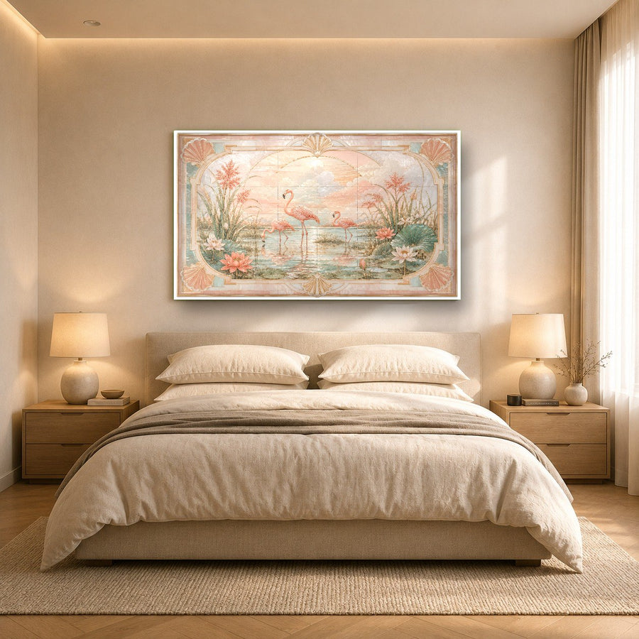 Close-up angle of pink flamingos glass art showing the high-gloss surface and frame