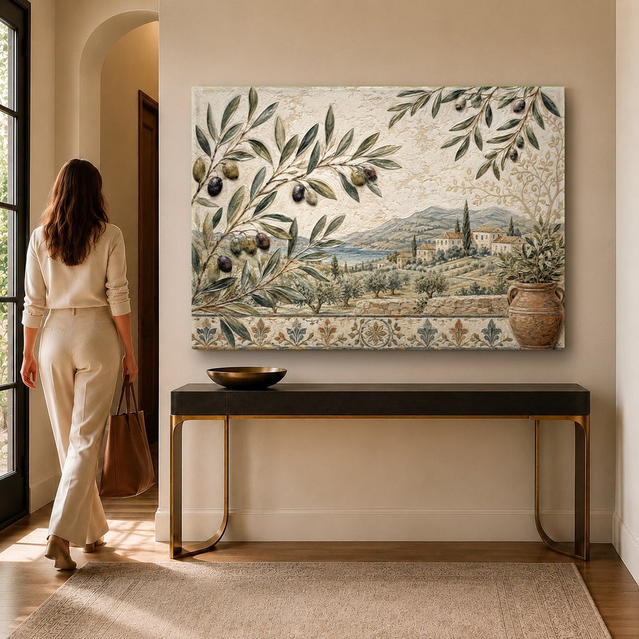 Botanical tempered glass print of olive branches styled in a minimalist kitchen