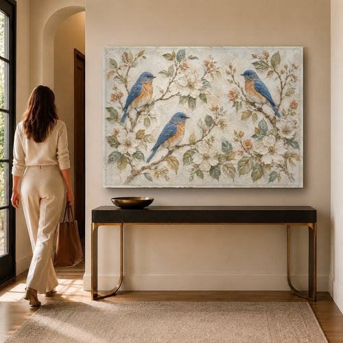 Elegant blue birds glass wall art hanging above a beige sofa in a modern, sunlit living room.