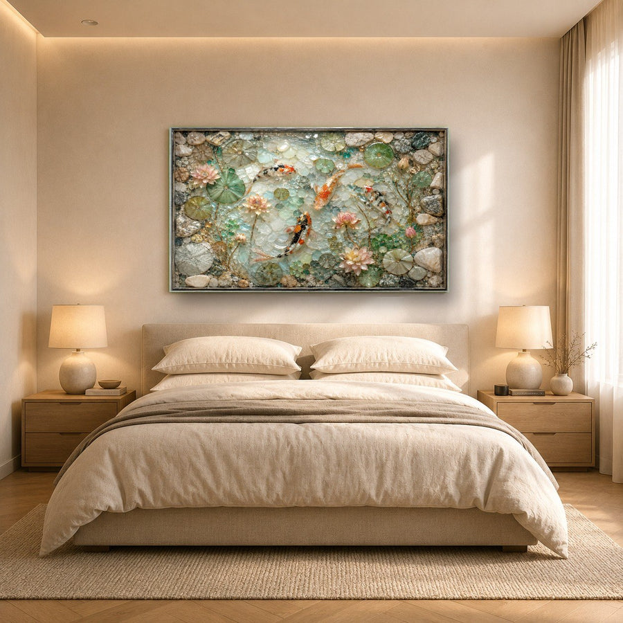 Luxury hotel lobby decorated with a large-scale green koi glass wall art piece behind the reception desk.