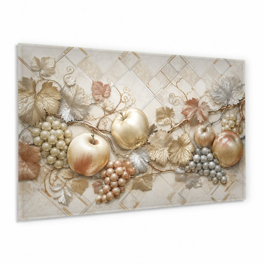 Tuscan Grapes glass wall art brings warm rustic charm to a modern kitchen wall above a wooden countertop.