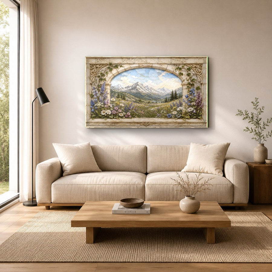 Modern botanical tempered glass panel creating a focal point in a minimalist dining room.