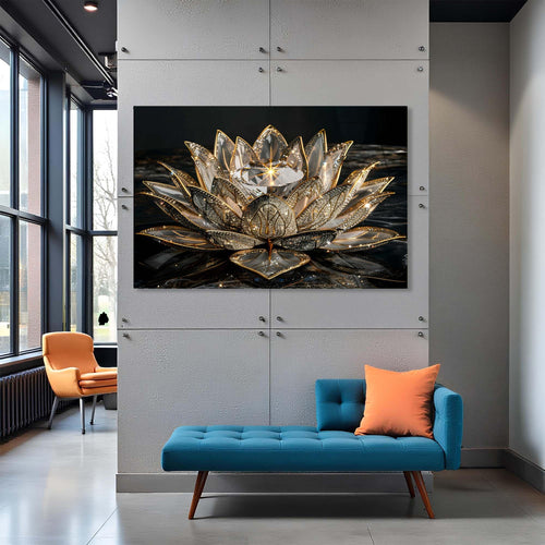 Decorative crystal lotus flower on a reflective surface with a dark background