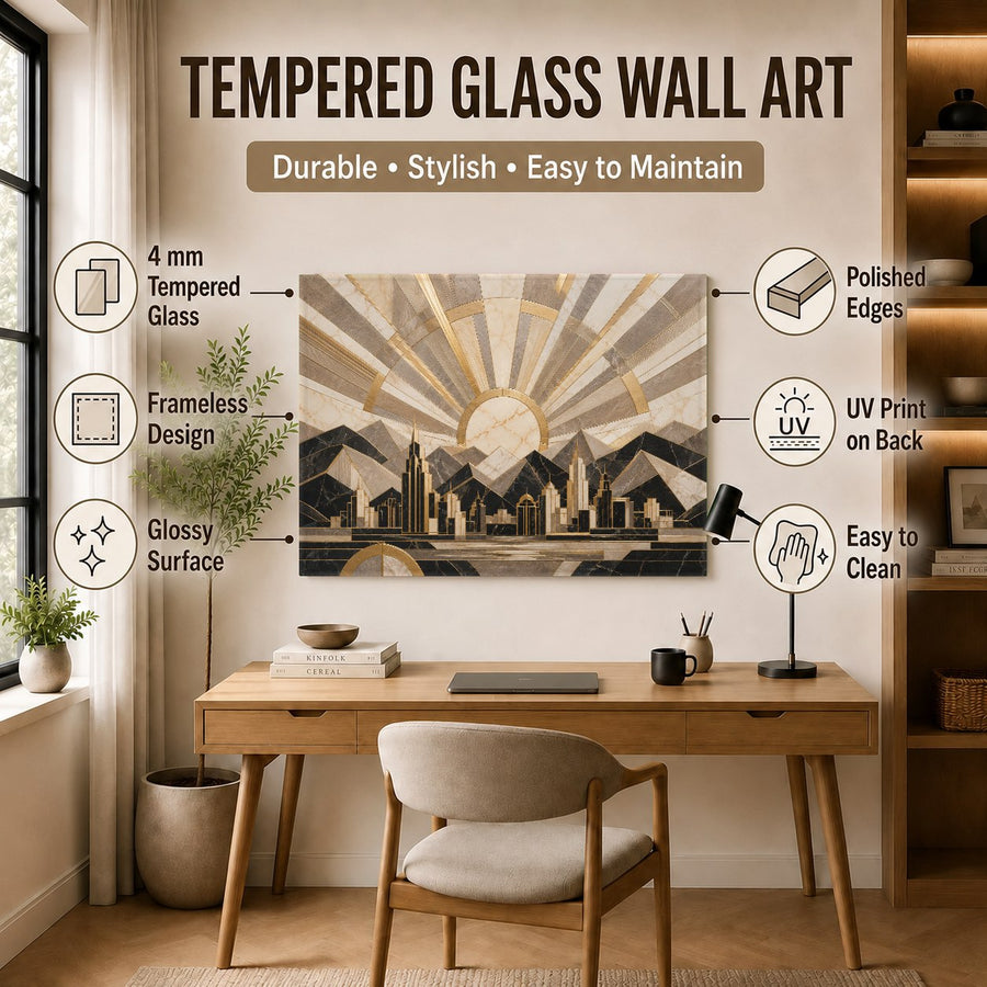 Modern geometric glass wall art hanging in a chic dining room above a marble table.
