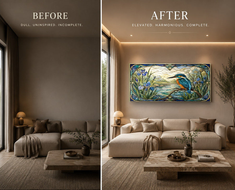 Large format nature glass wall art styled in a contemporary minimalist executive office