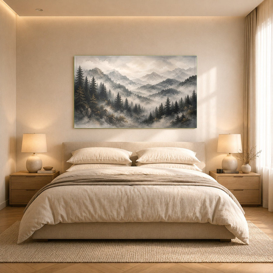 Forest Veil glass art print adding a touch of nature above a minimalist console table in a bright hallway.