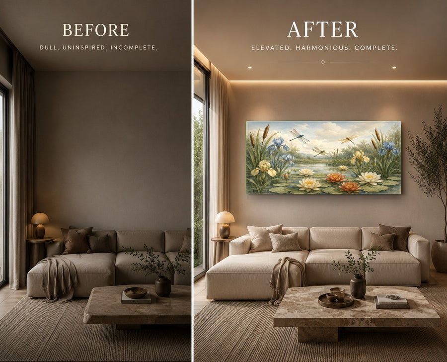 Nature glass wall art featuring wild dragonflies displayed in a minimalist home office